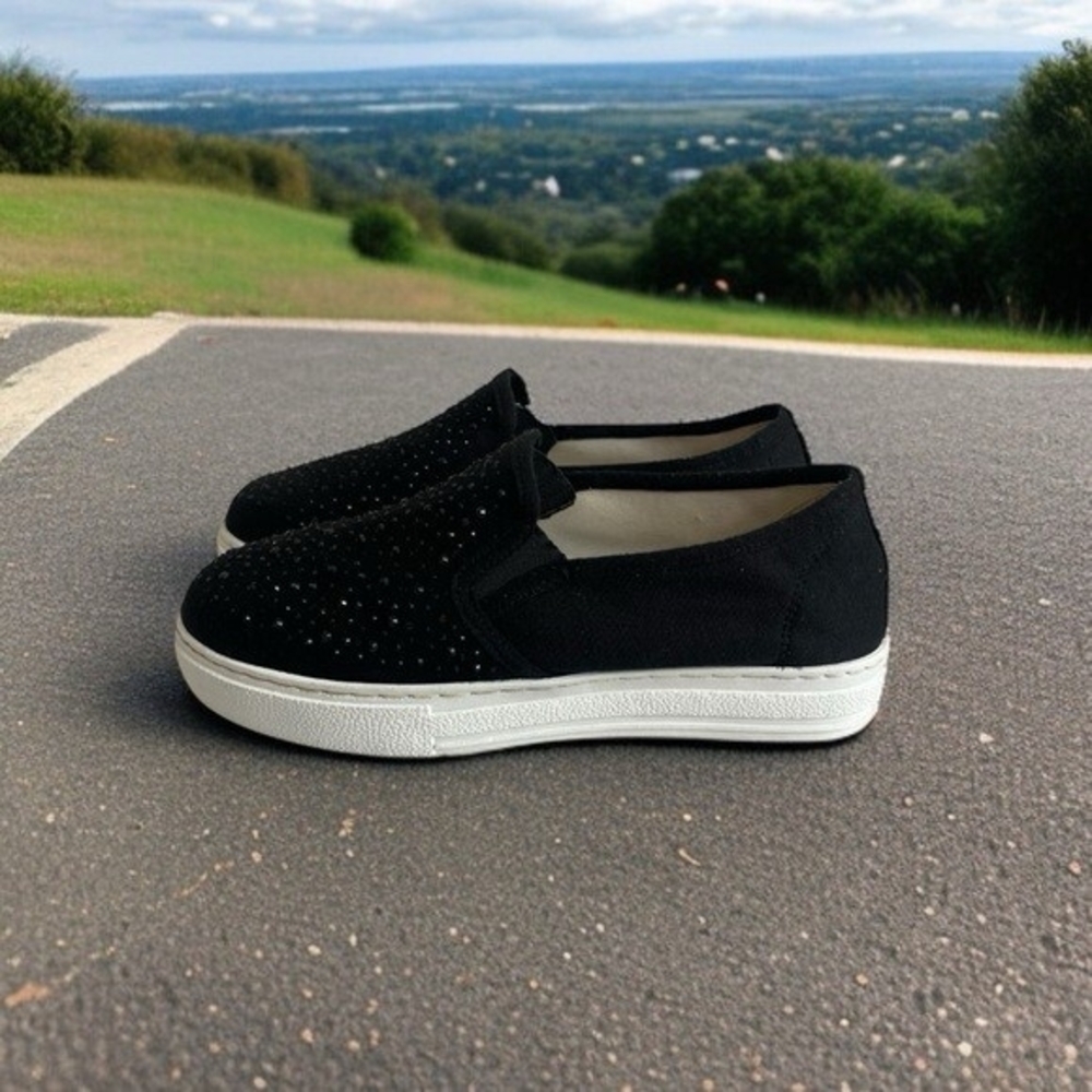 Just Lida Black Canvas Rhinestone Studded Slip-On Loafers Flats US 8.5 - Picture 3 of 11